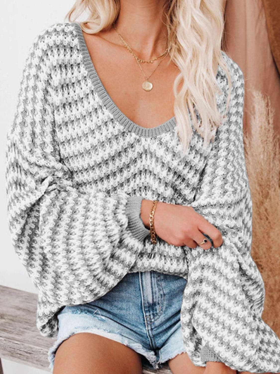 Striped Drop Shoulder V-Neck Sweater.