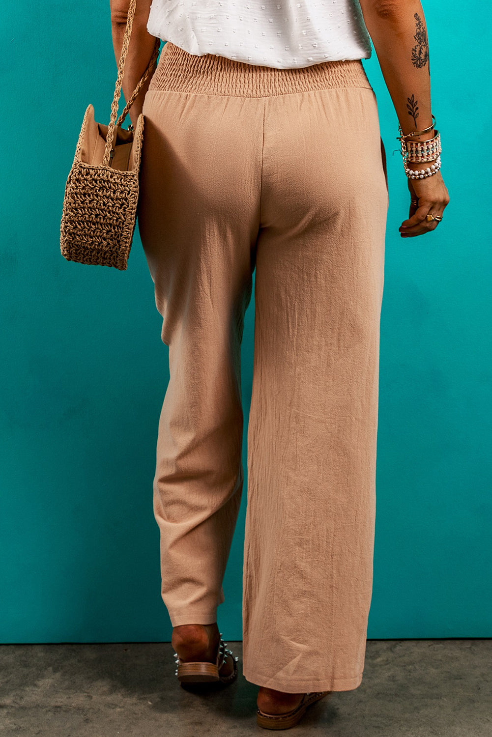 Clay smocked waist relaxed straight-leg trousers