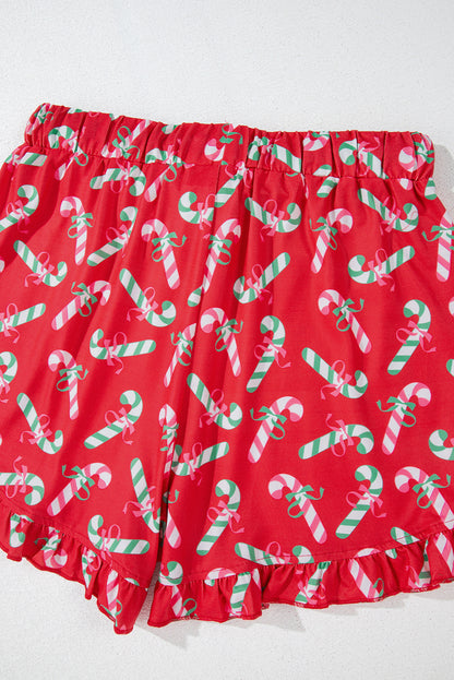 Festive Red Candy Cane Pocketed Pajama Set with Knotted Shorts