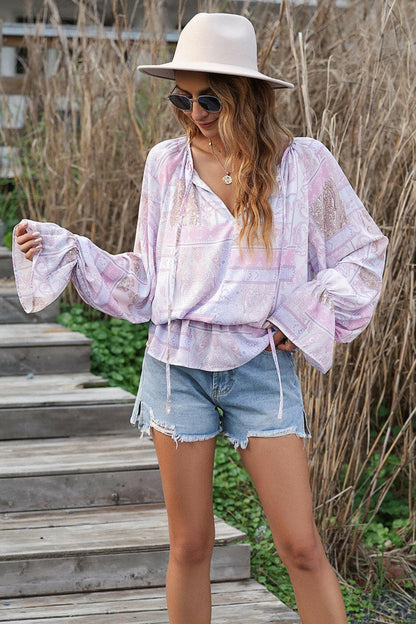 Printed Tie Neck Flounce Sleeve Blouse.