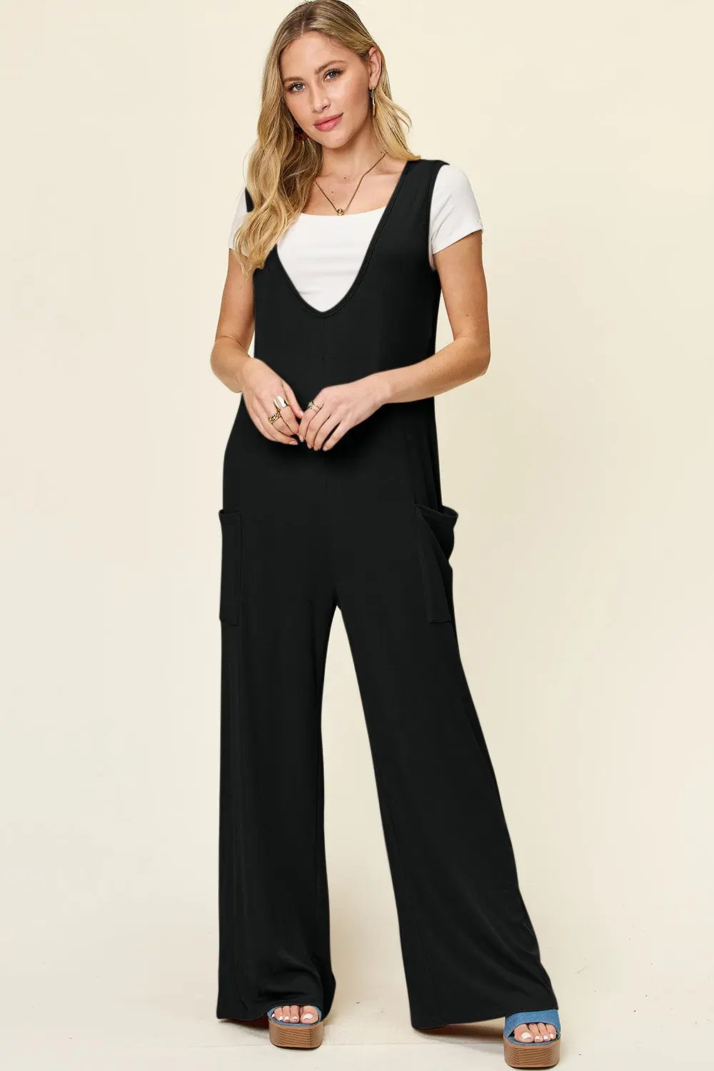 Double Take Full Size Sleeveless Wide Leg Jumpsuit with Pockets - Love Salve