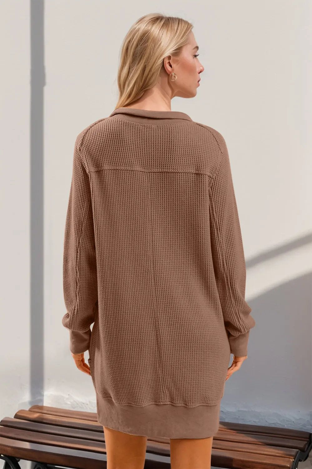 Double Take Waffle Long Sleeve Mini Dress with Pockets - Love Salve