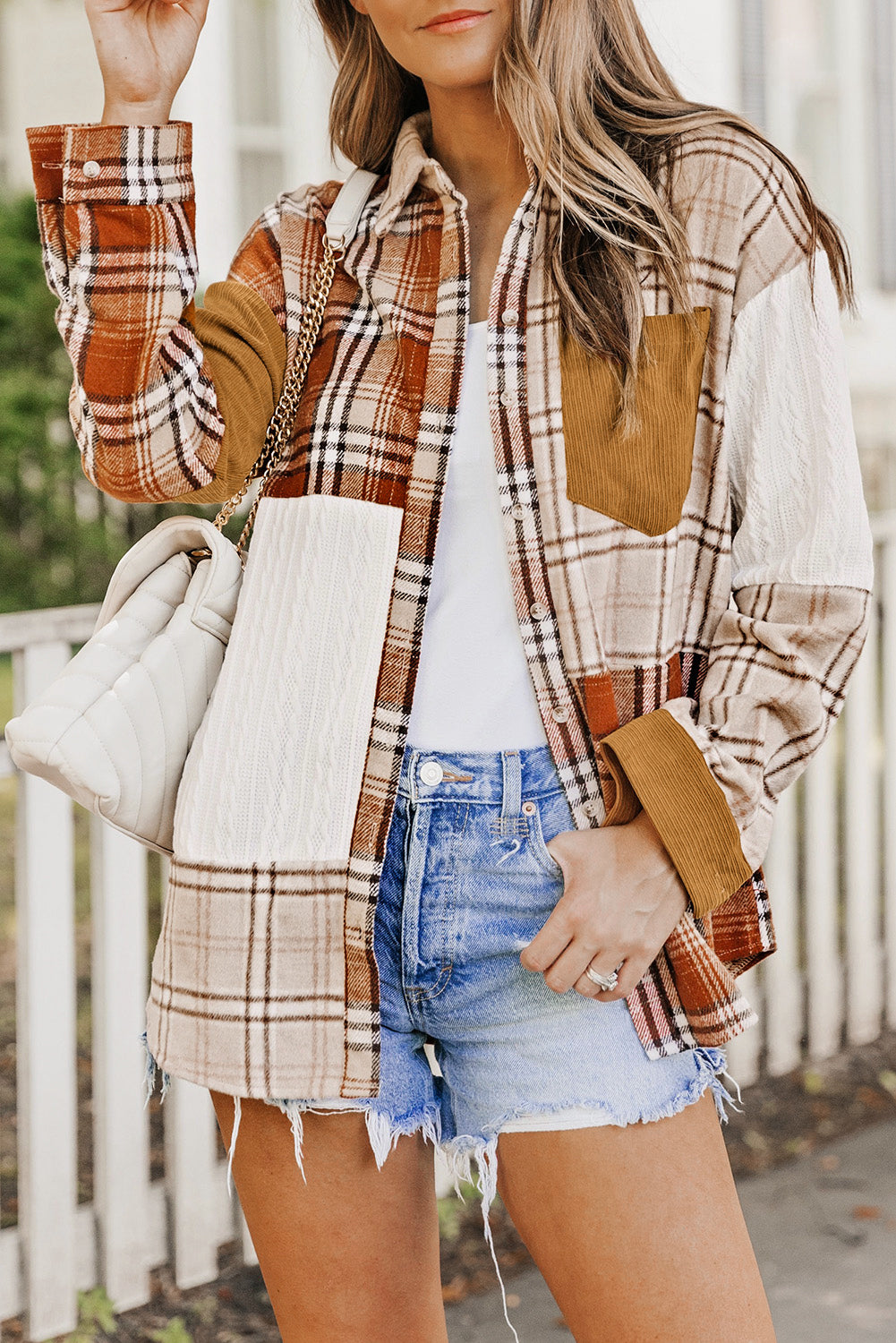 Vibrant orange plaid patchwork shirt jacket with practical pockets