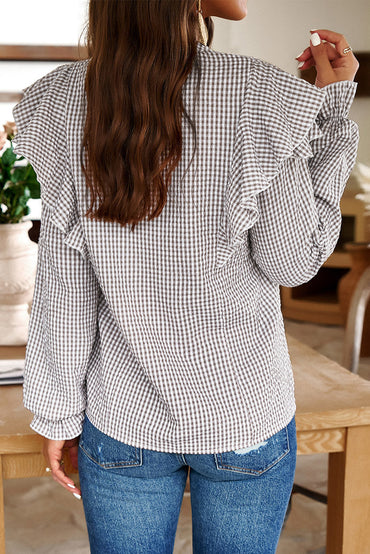 Chic brown plaid ruffled shirt with flounce sleeves and notched neckline