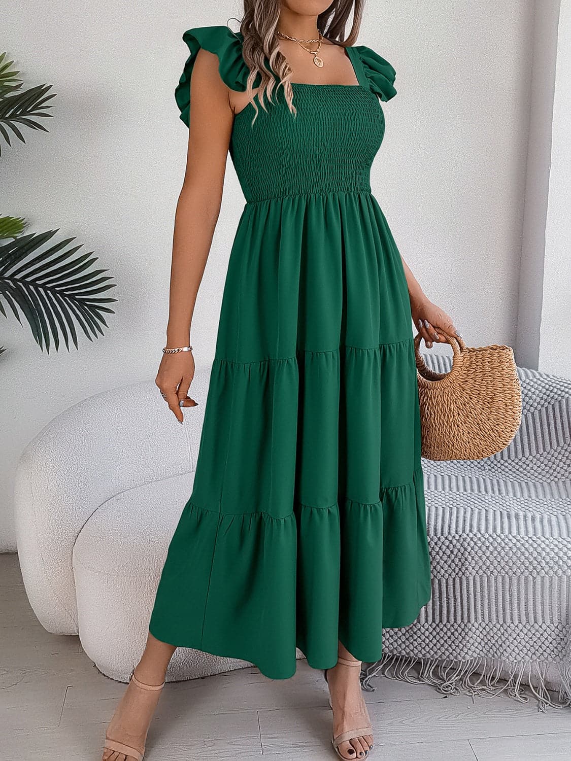 Smocked Square Neck Cap Sleeve Midi Dress.