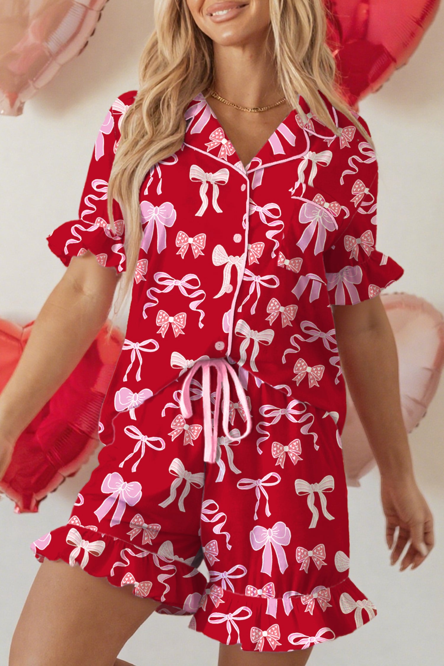 Red Sweet Bow Print Ruffled Short Sleeve Shirt Shorts Two Piece Pajama Set Dear-Lover Dropshipping