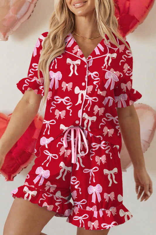 Red Sweet Bow Print Ruffled Short Sleeve Shirt Shorts Two Piece Pajama Set Dear-Lover Dropshipping