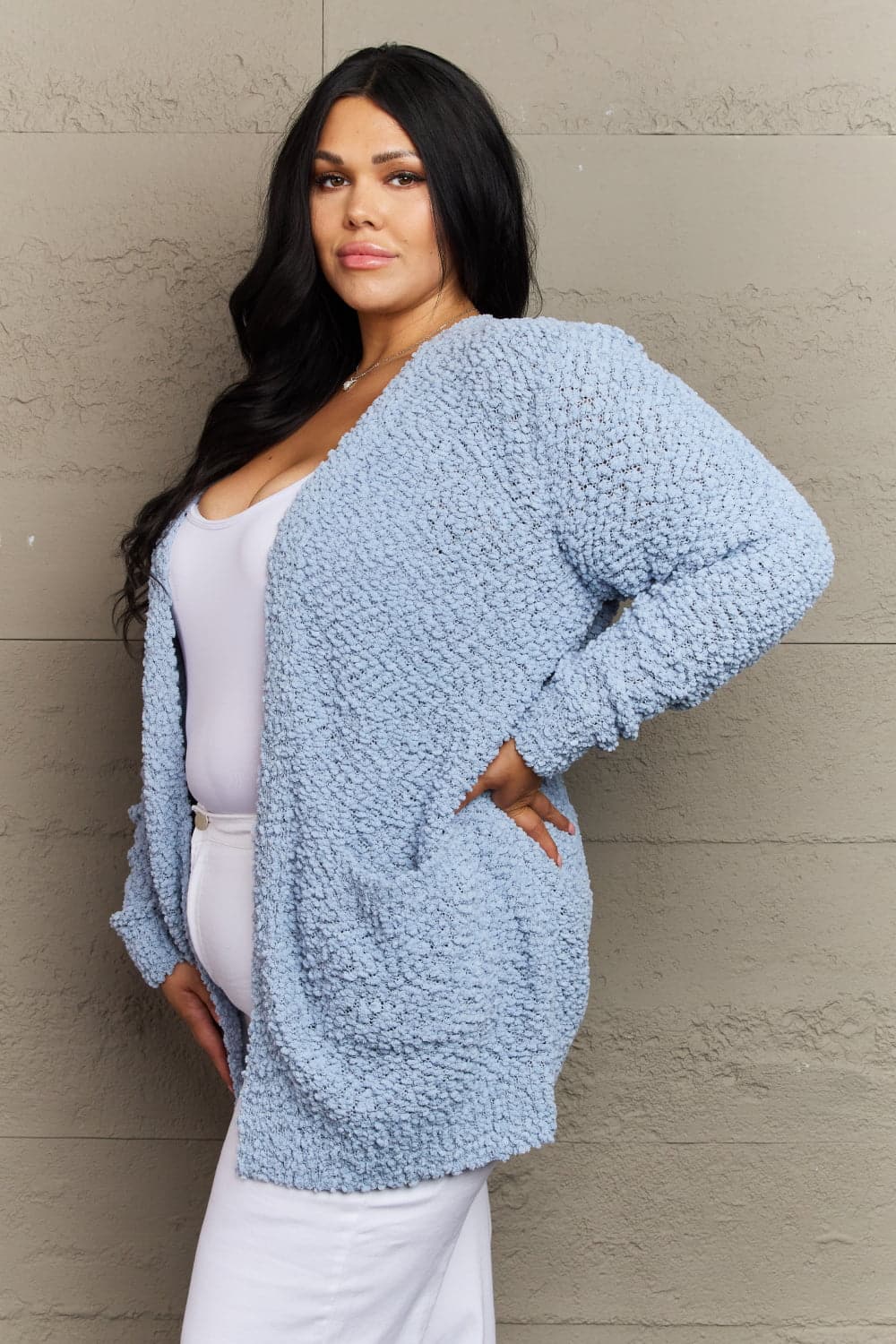 Zenana Falling For You Full Size Open Front Popcorn Cardigan.