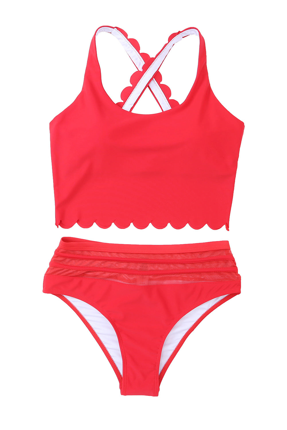 Sizzling red scalloped high waist bikini with criss-cross design