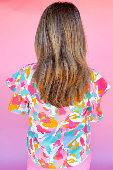 Vibrant abstract print plus size blouse with ruffled sleeves