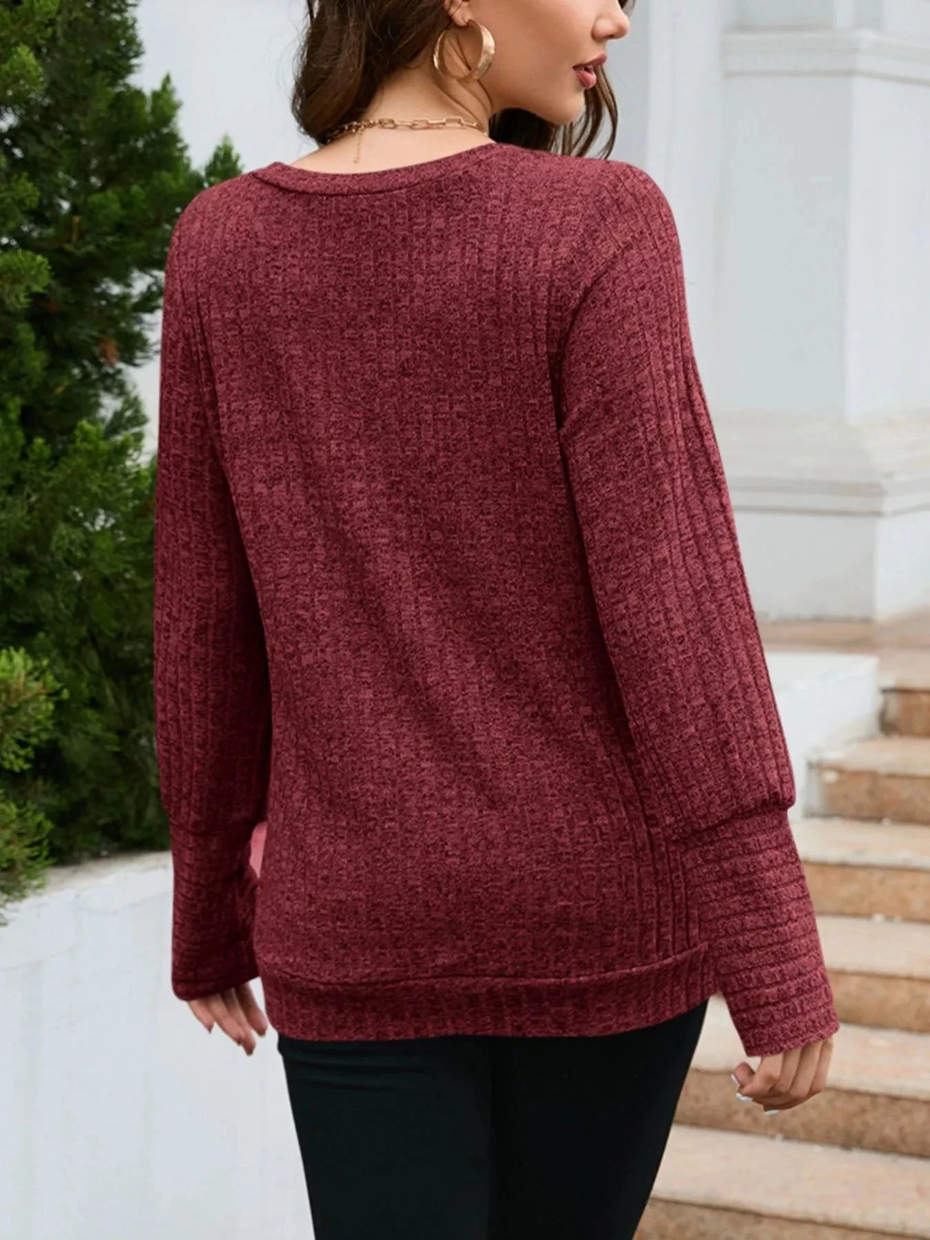 V-Neck Textured Knit Long Sleeve T-Shirt Simply Love