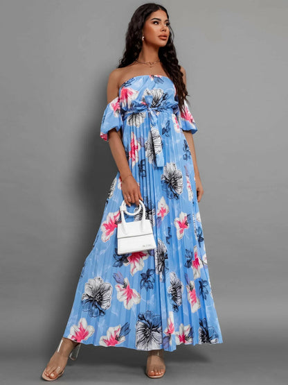 Pleated Floral Off-Shoulder Short Sleeve Midi DressPleated Floral Off-Shoulder Short Sleeve Midi Dress
 Step into elegance with our Pleated Floral Off-Shoulder Short Sleeve Midi Dress. Embrace sophistication effortleLove Salve -Shoulder Short Sleeve Midi Dressjust arrived