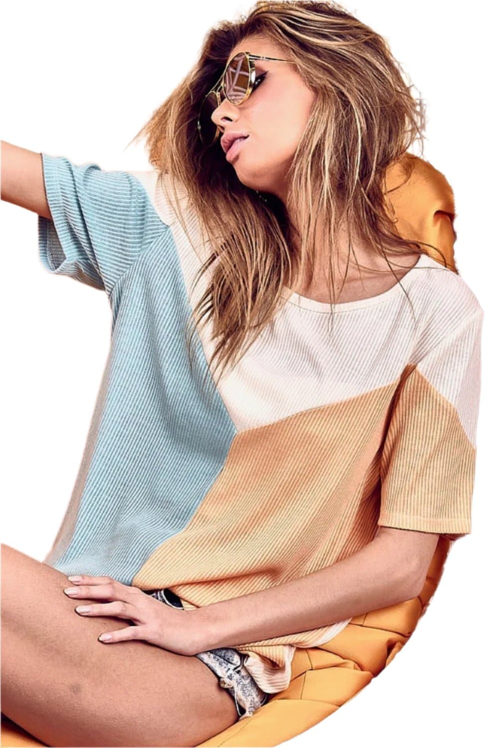 BiBi Round Neck Color Block Short Sleeve T-Shirt.