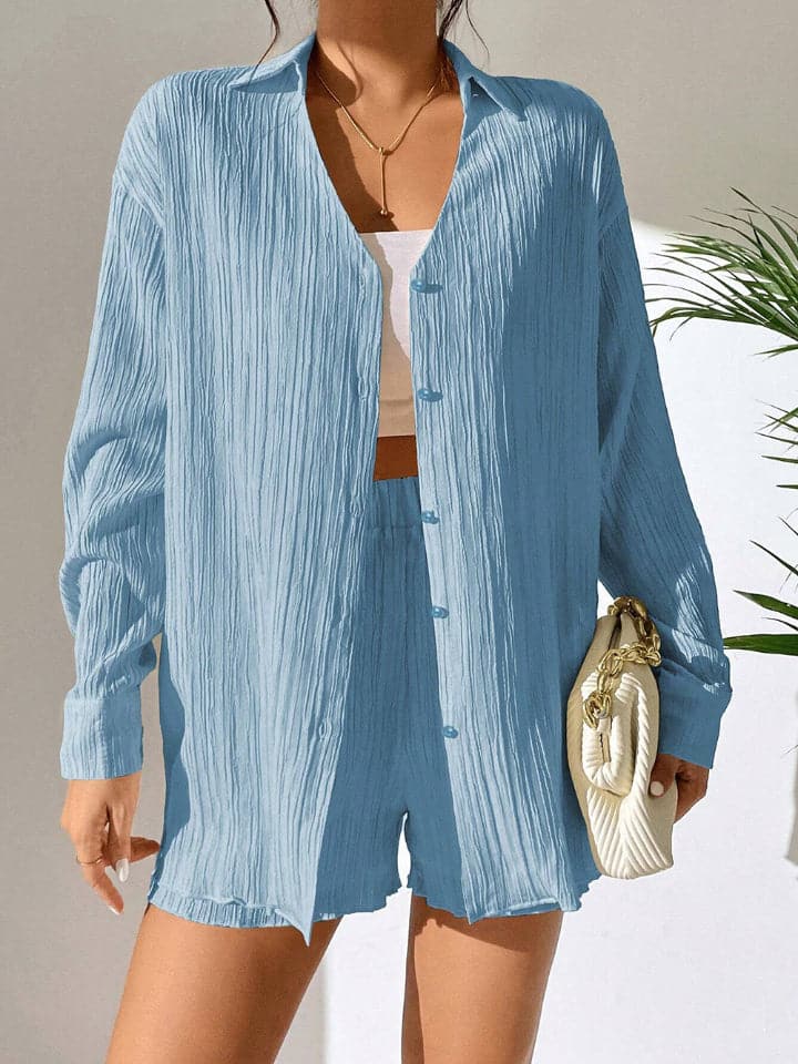 Textured Buttoned Shirt and Shorts Set.