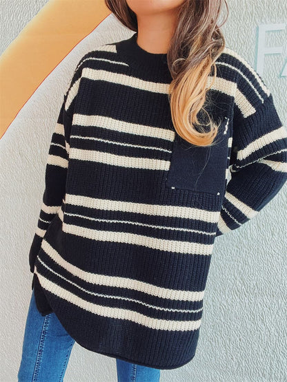 Cozy striped long sleeve sweater with pockets