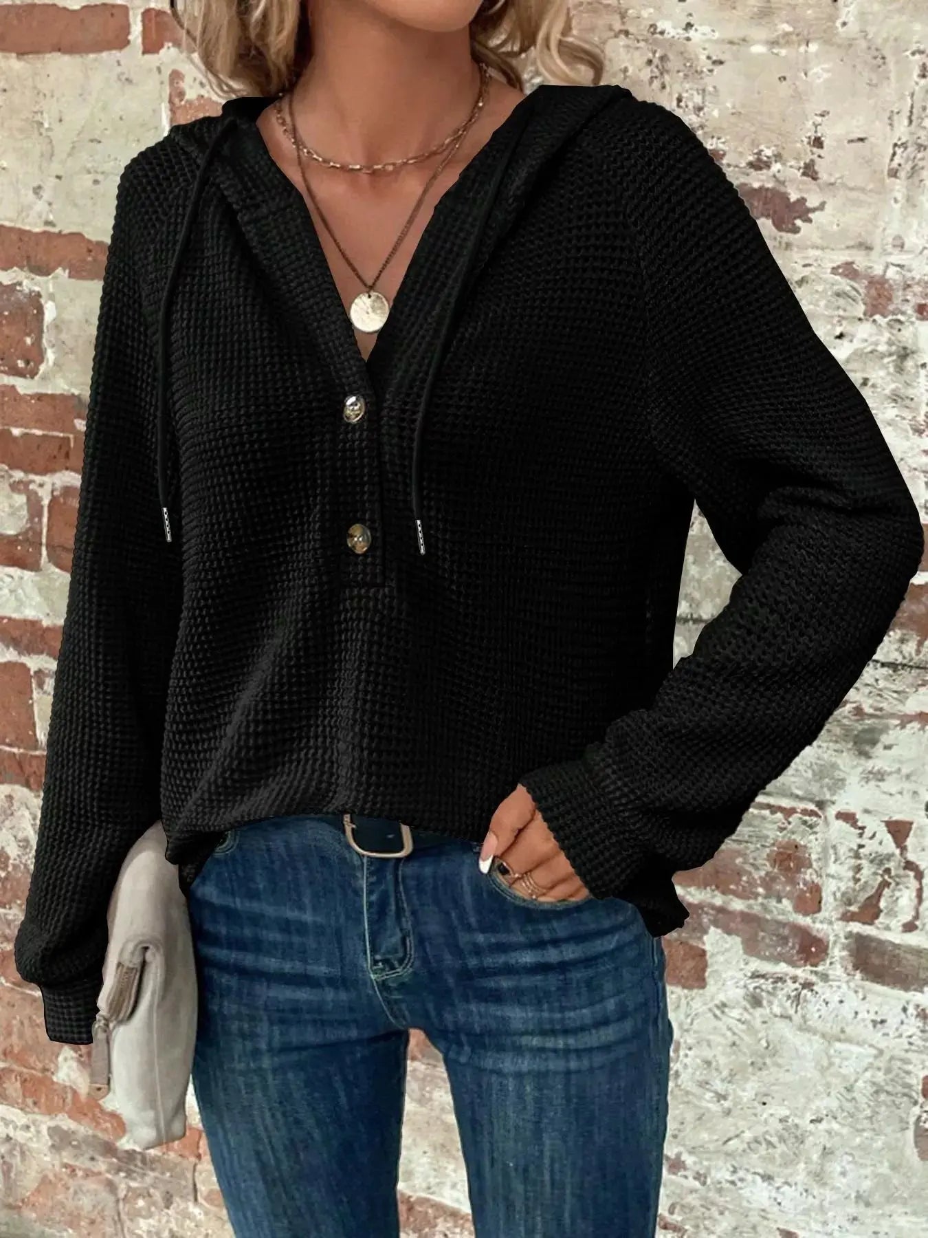 Waffle Knit Button Detail Hoodie Simply Love