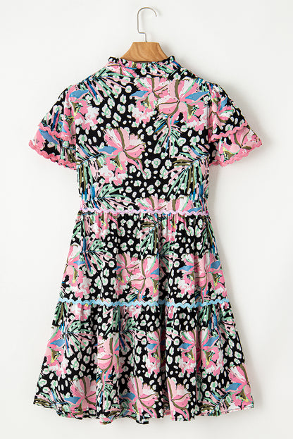 Floral flared plus size dress with playful ric-rac trim and ruffle sleeves