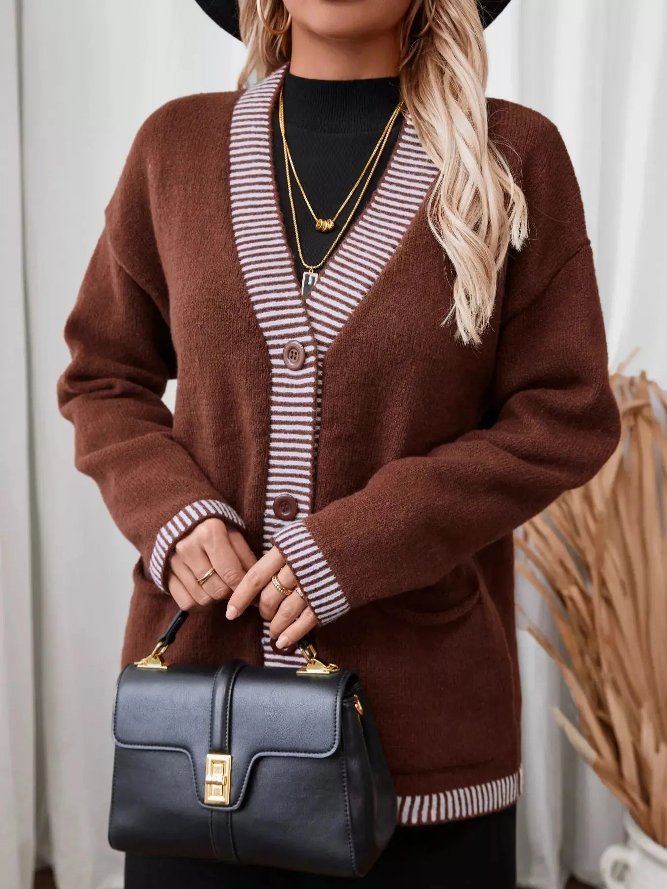 Striped Trim Button Front Pocket Knit Cardigan Simply Love