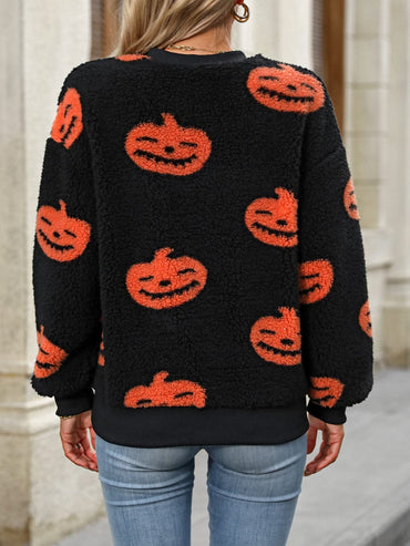 Fuzzy Pumpkin Round Neck Dropped Shoulder Sweater.