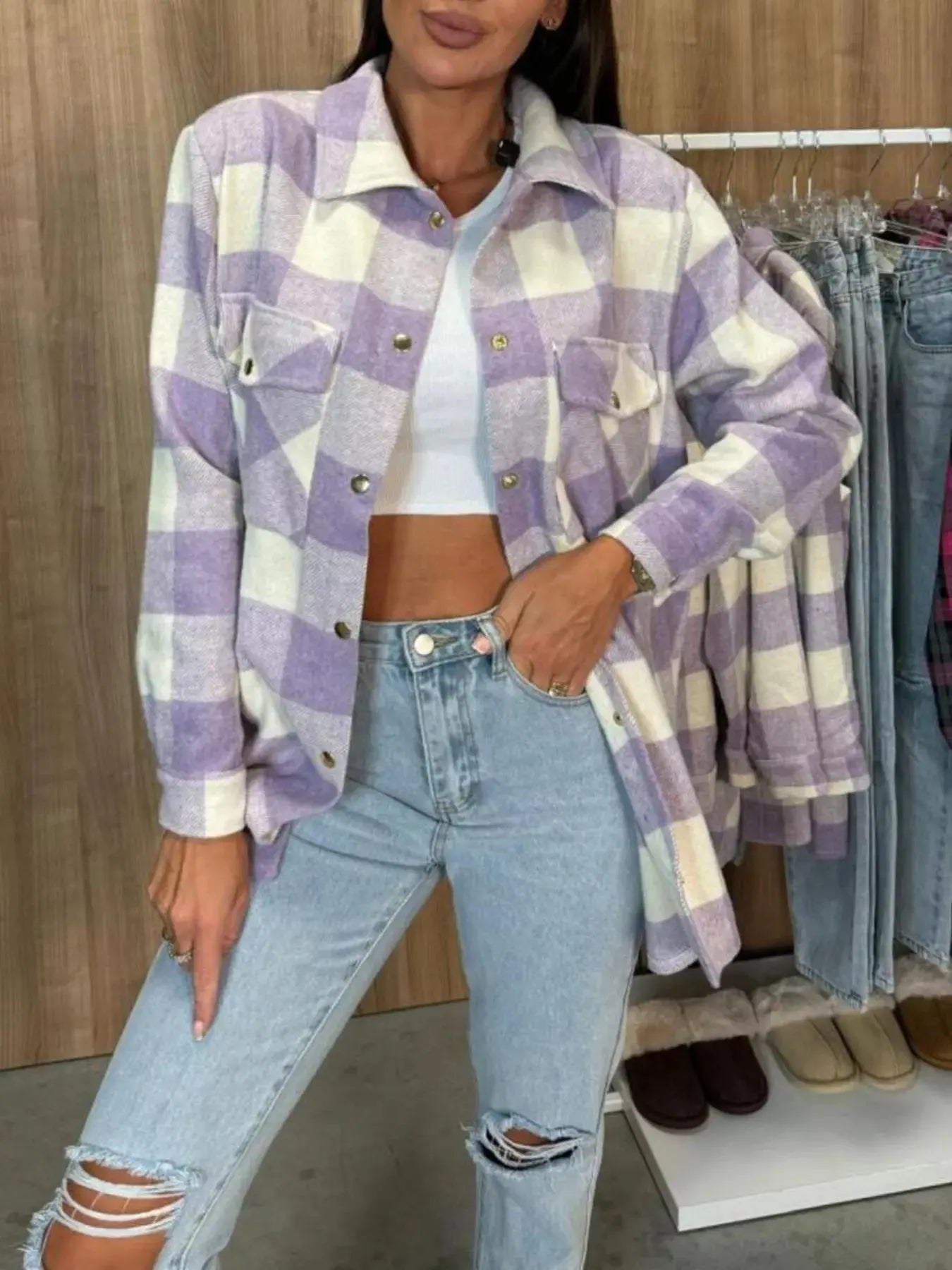 Pink Plaid Shacket With Button Front And Pockets Long Sleeve Simply Love