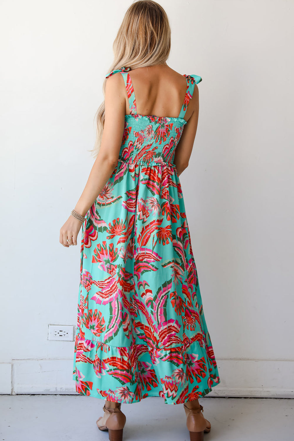 Bohemian Green Abstract Print Ruffled Maxi Dress with Smocked Bodice and Knotted Straps