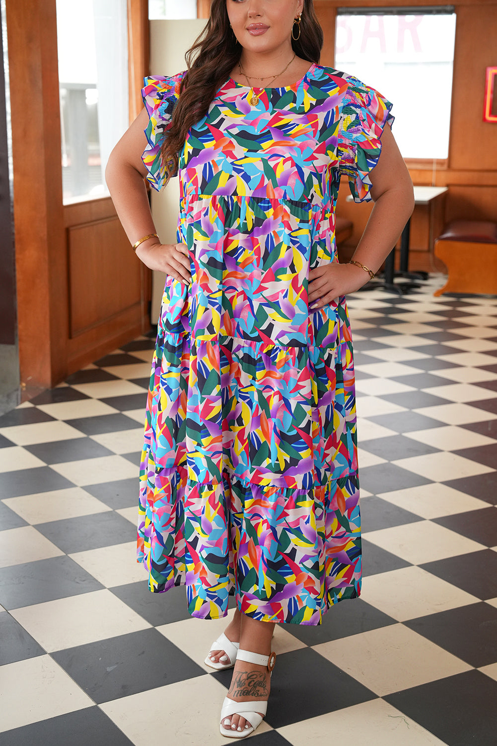 Blue Geometric Print Ruffled Short Sleeve Plus Size Tiered Maxi Dress Dear-Lover Dropshipping