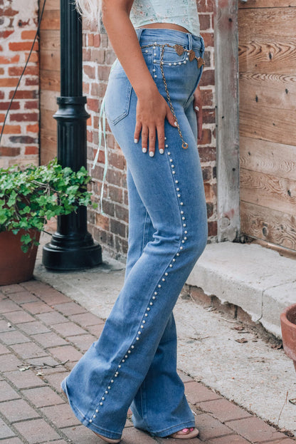 Dusk Blue Pearl-Studded Boot Cut Jeans for Effortless Style