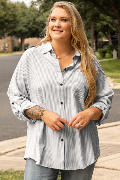 Chic white striped plus size shirt with rolled tab sleeves