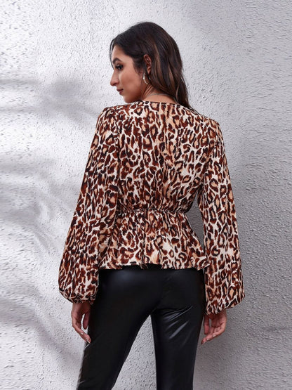 Ruched Printed V-Neck Long Sleeve Blouse.