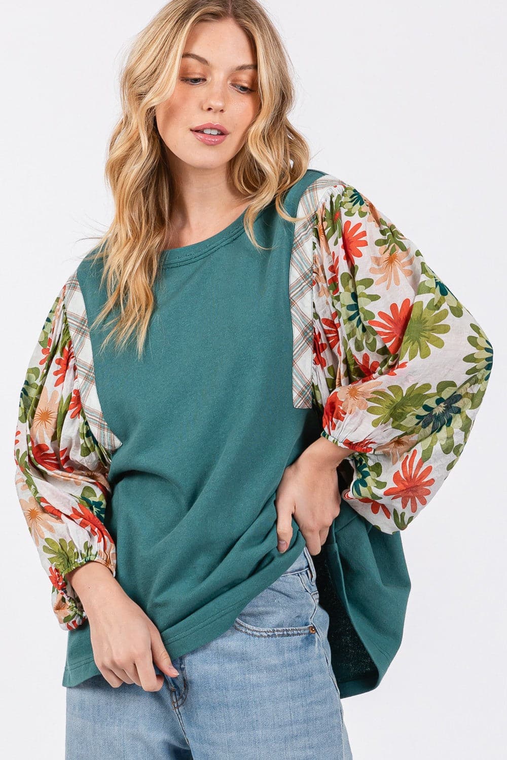 SAGE + FIG Full Size Printed Balloon Sleeve Contrast Top.