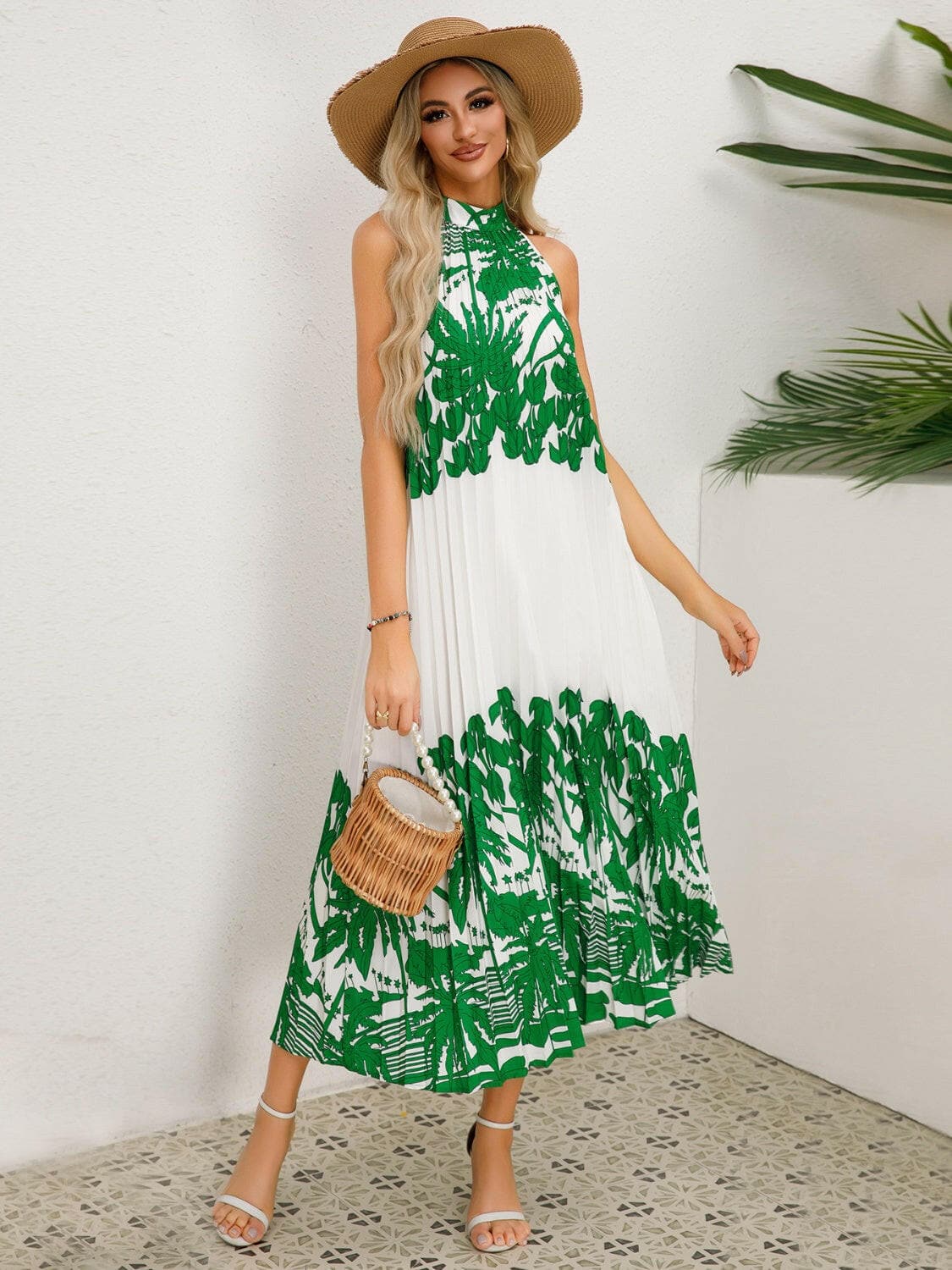 Tied Printed Sleeveless Midi Dress.