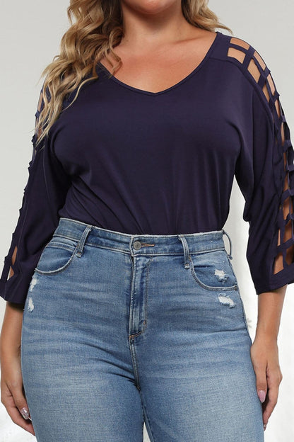 Plus Size Cutout Three-Quarter Sleeve Blouse.