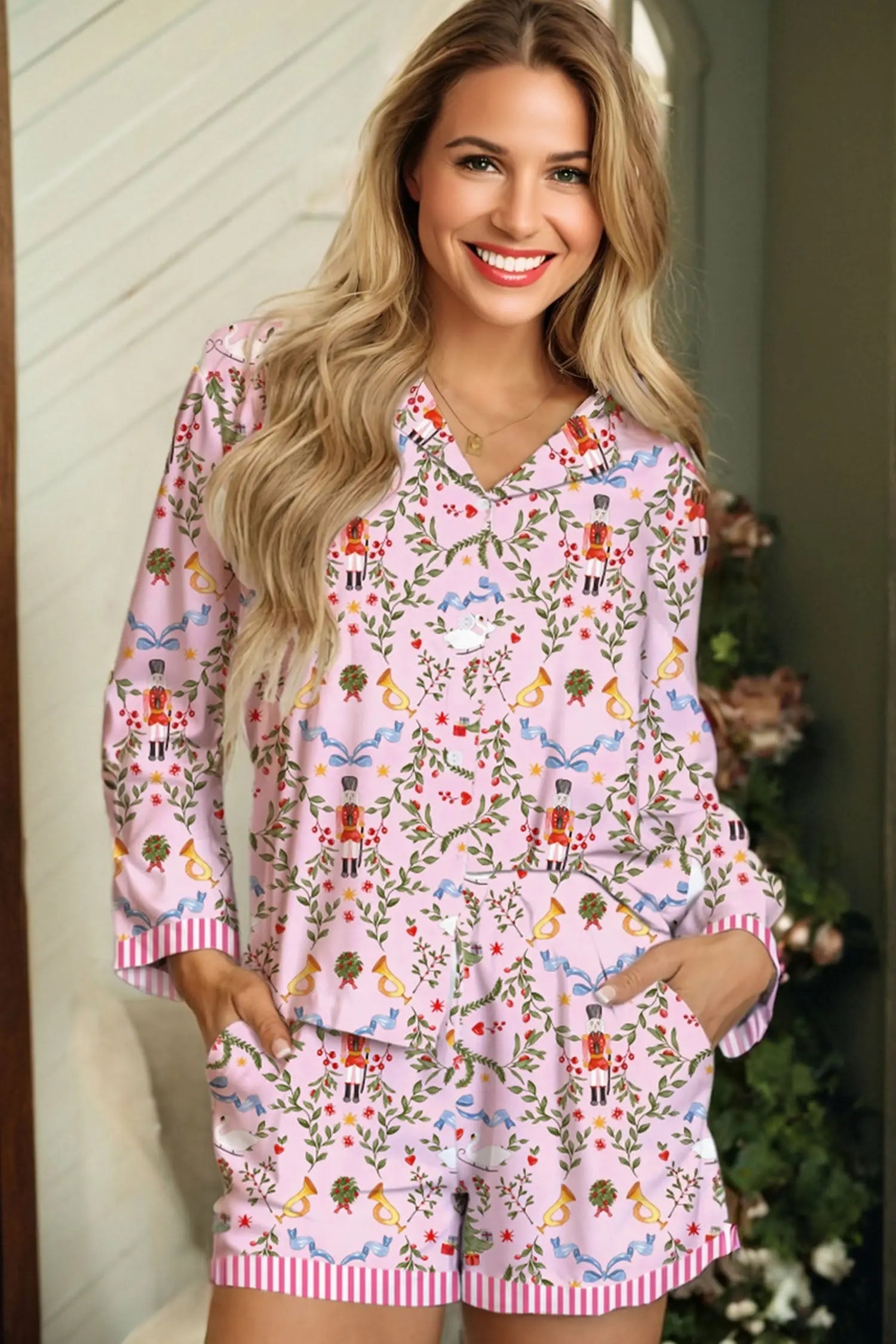 Pink Christmas Nutcracker Pajama Set 2Pc Long Sleeve Shorts Holiday Print Dear-Lover Dropshipping