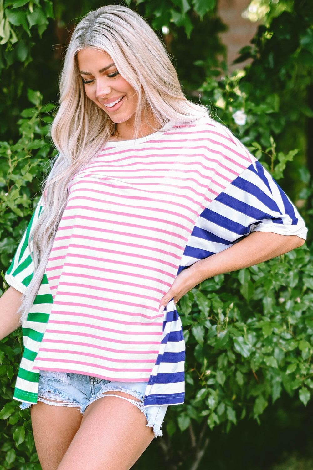 Striped Round Neck Dropped Shoulder T-Shirt.