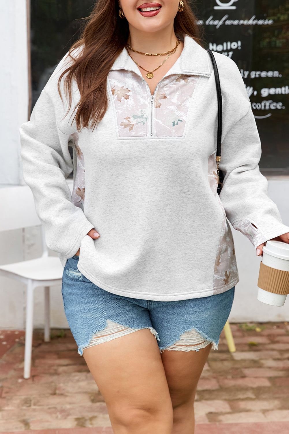 Gray Camo Leaves Zipped Collar Sweatshirt Plus Size Dear-Lover Dropshipping