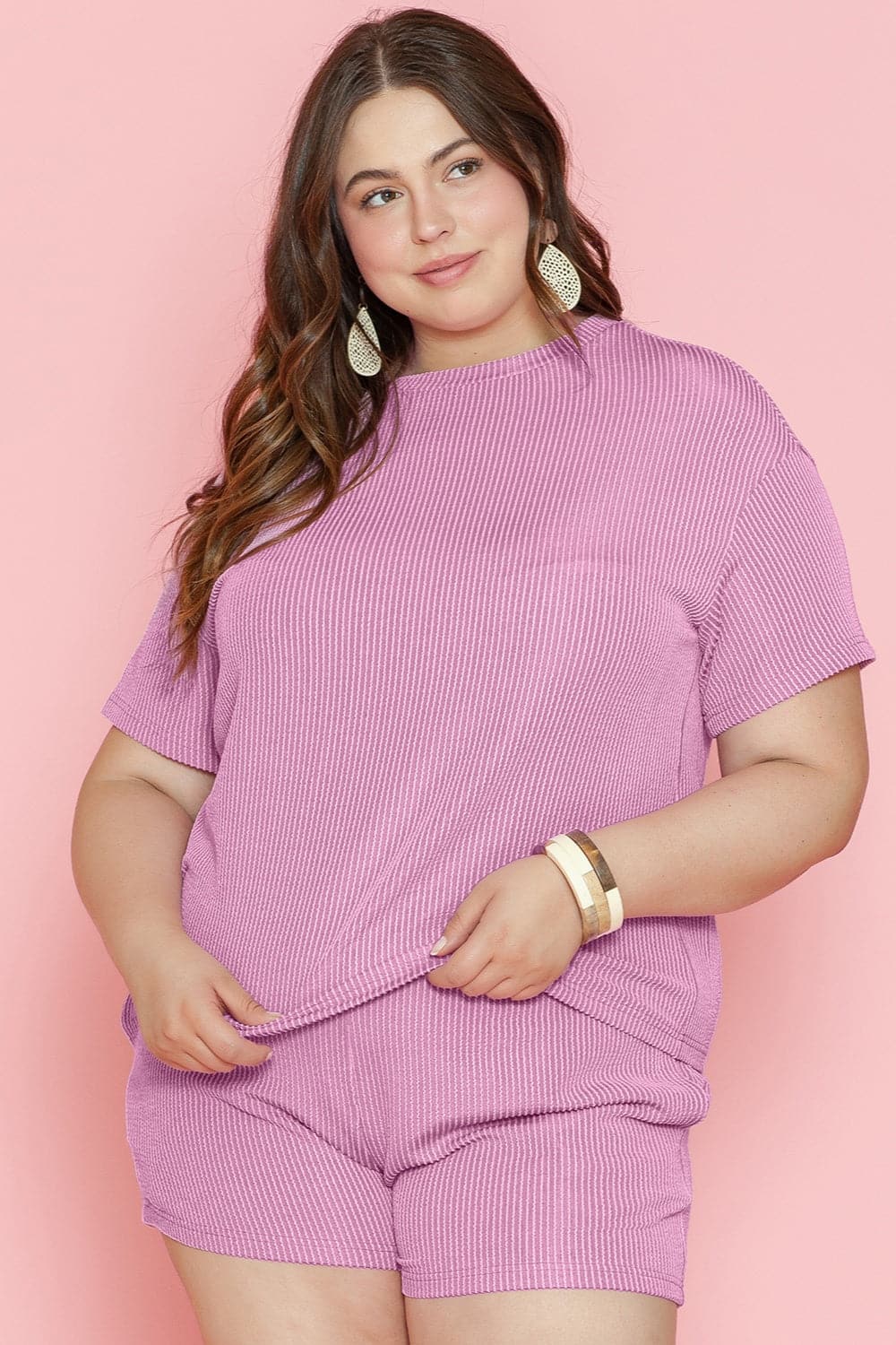 Plus Size Round Neck Short Sleeve Top and Shorts Set.