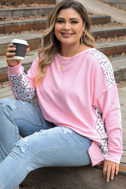 Chic pink leopard fusion plus size sweatshirt with exposed seams