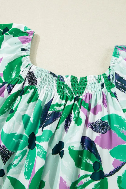 Floral Print Shirred Square Neck Loose Fit Mini Dress