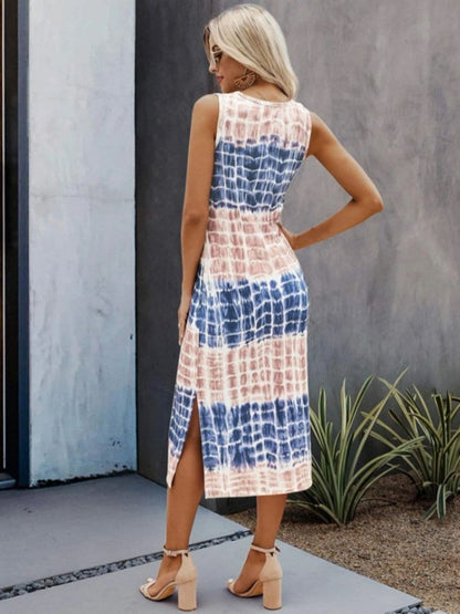 Slit Printed Round Neck Sleeveless Dress.