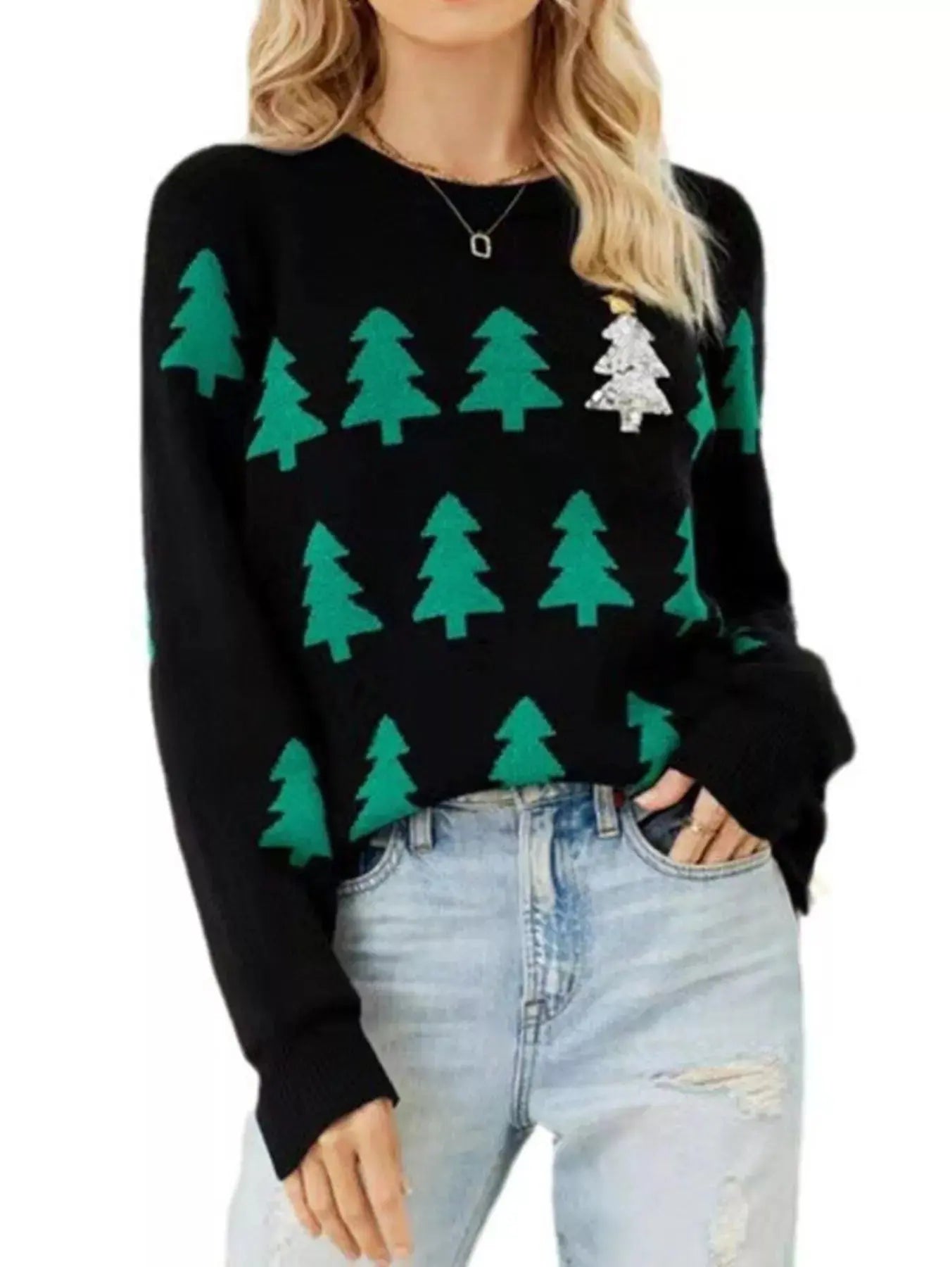 Christmas Tree Pattern Long Sleeve Sweater Simply Love