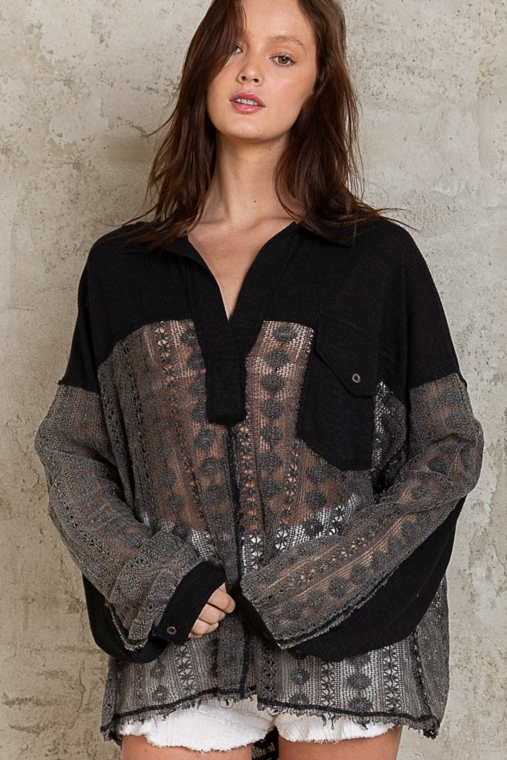 POL Johnny Collar Long Sleeve Lace Blouse.