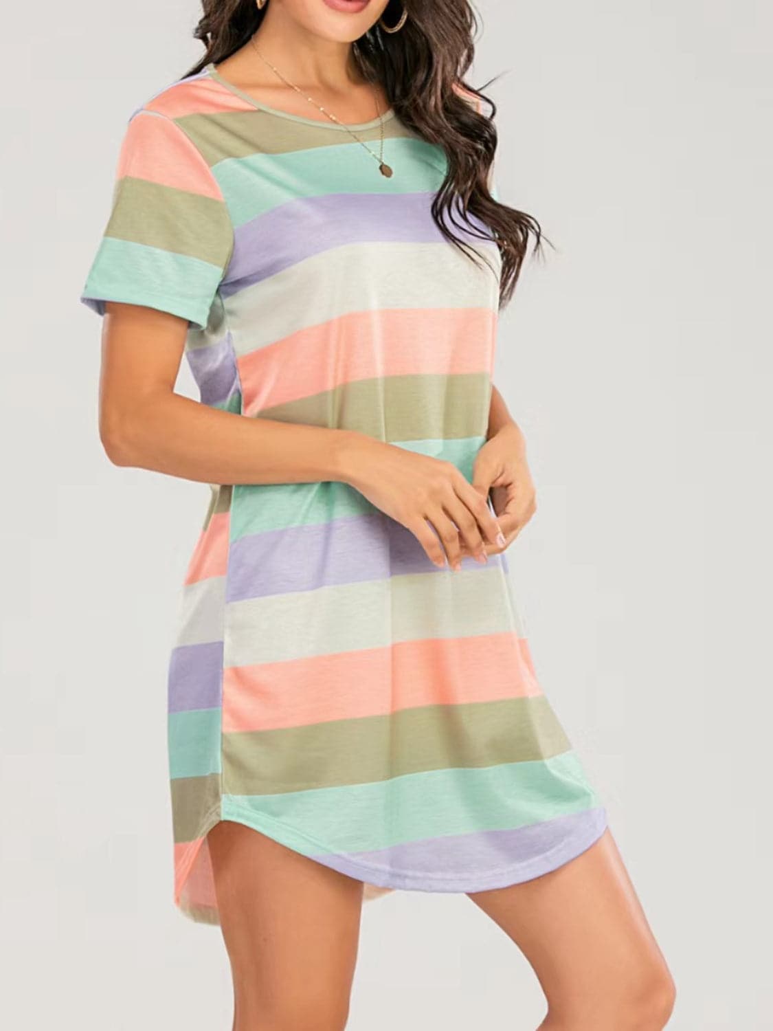 Striped Round Neck Short Sleeve Tee Dress.