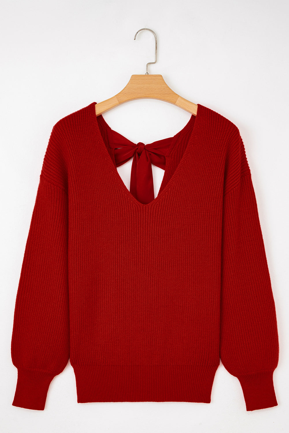 Racing Red Lantern Sleeve V Neck Knot Back Knit Sweater Dear-Lover Dropshipping