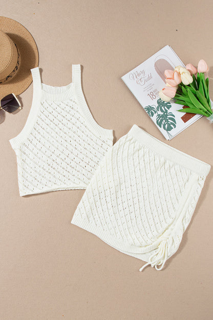 Chic white crochet two-piece beach outfit