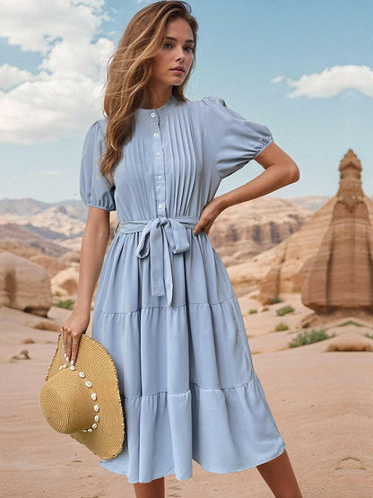 Tie Waist Puff Sleeve Midi Dress.