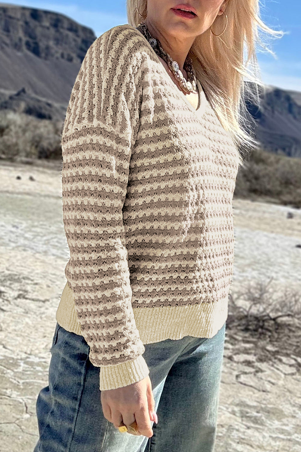 Khaki Stripe Plus Size V Neck Drop Shoulder Sweater Dear-Lover Dropshipping