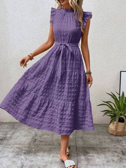 Ruffled cap sleeve midi dress in purple with tied waist, designed with no stretch and opaque material.