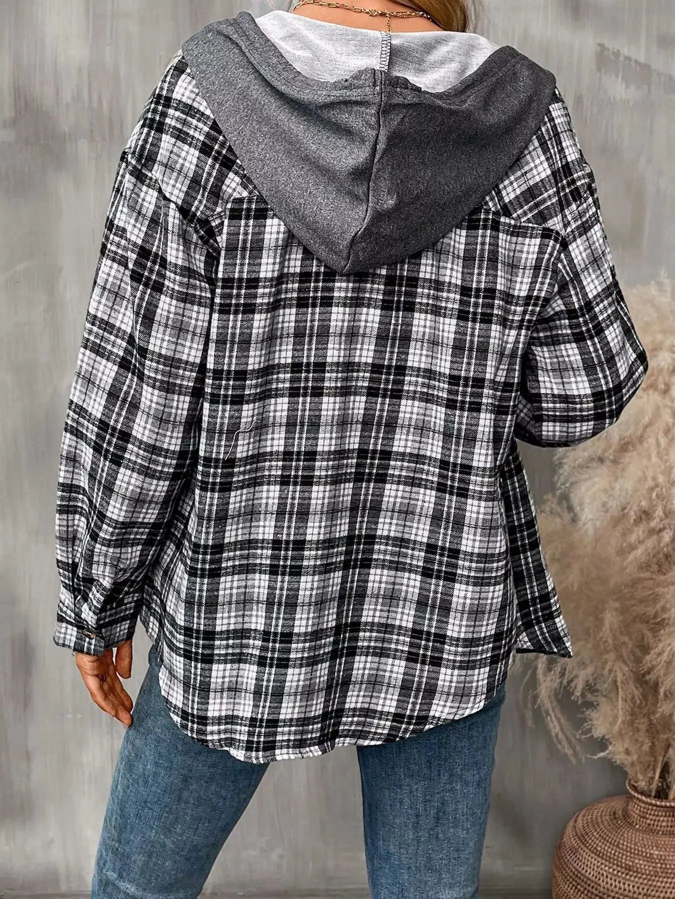Hooded Plaid Button-Up Shirt Simply Love