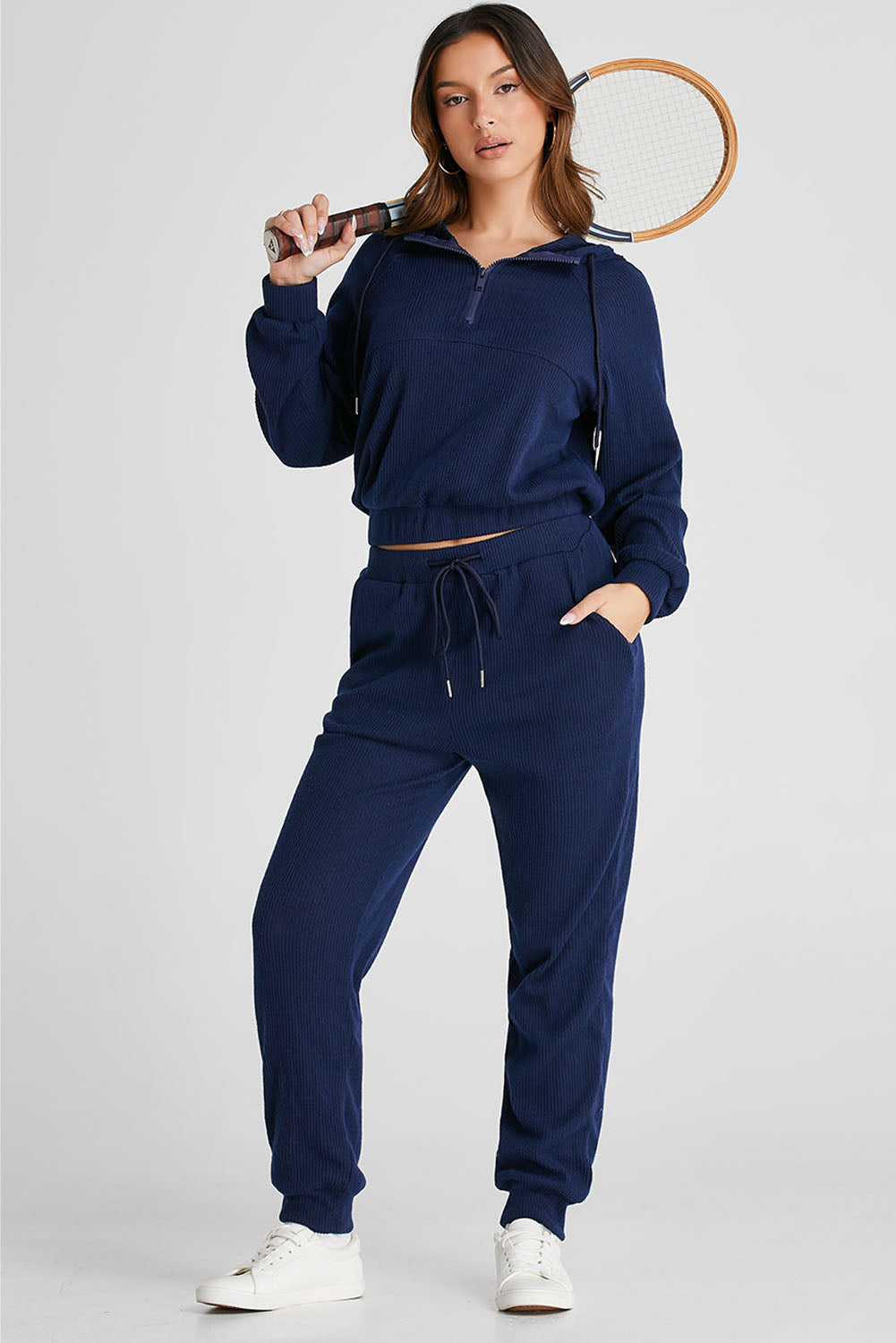 Chic navy blue ribbed knit cropped hoodie and jogger set