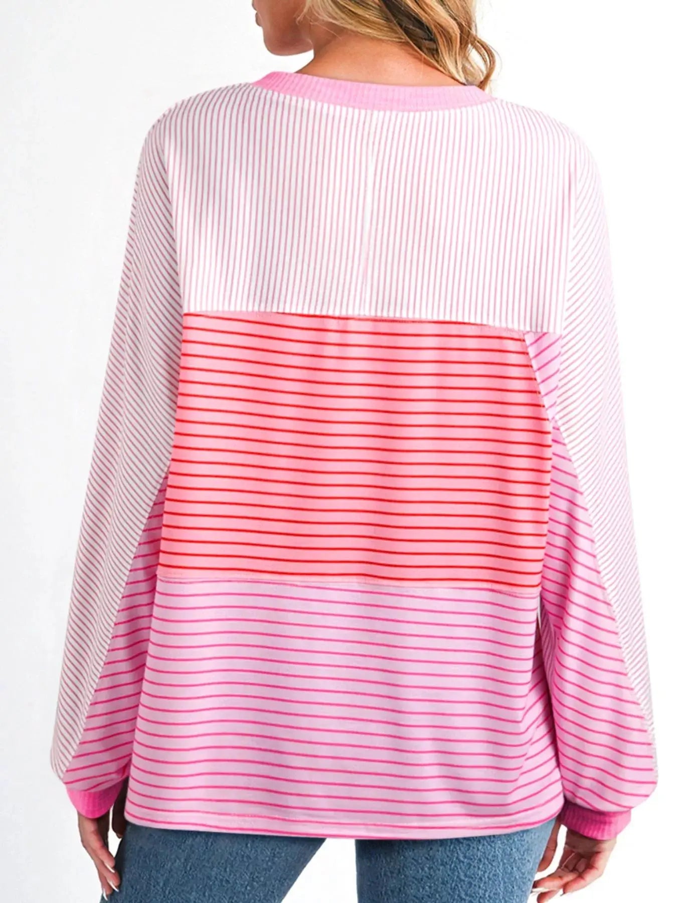 Striped Colorblock Exposed Seam Casual Long Sleeve Top Polyester Blend Simply Love
